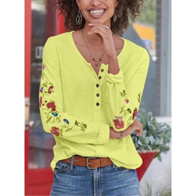 Bohemian Women Side Floral Embroidery Button Vintage Long Sleeve Casual T Shirts