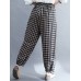 Women Vintage Plaid Wide legged Elastic High Waist Side Pocket Ankle Length Harem Pants