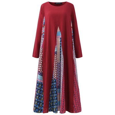 O  NEWE Vintage Women Printed Stitching Long Sleeve Dress