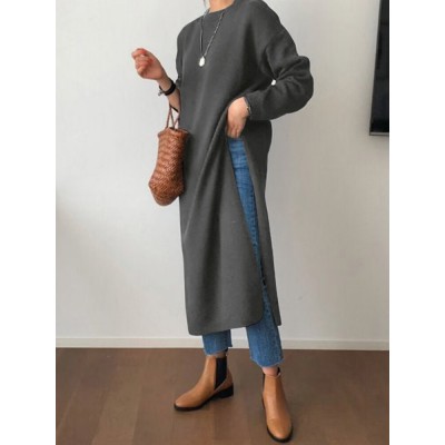 Women Side Fork Sweatshirt O  Neck Calf Length Solid Midi Dresses