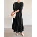 Solid Button Half Sleeve V neck Loose Casual Maxi Dress