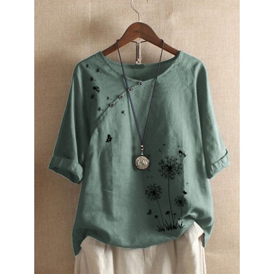 Flower Butterfly Print Round Neck Long Sleeve Button T  shirts For Women