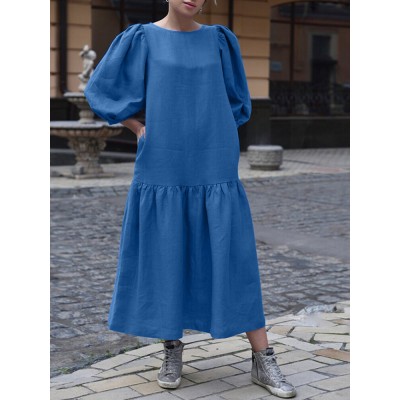 Women Puff Sleeve Calf Length Solid Color Buttons Casual Midi Dresses