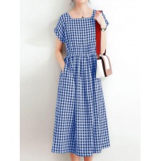 Women Squre Neck Plaid Calf Length Side Pockets Casual Midi Dresses