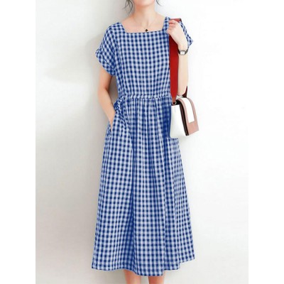 Women Squre Neck Plaid Calf Length Side Pockets Casual Midi Dresses