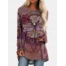 Vintage Floral Printed O  neck Long Sleeve Irregular Hem T  shirt For Women