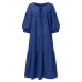 Women Puff Sleeve Pleats Drawstring Ankle Length Solid O  Neck Midi Dresses