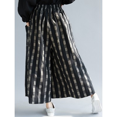 Women Plaid Striped Print Plus Size Side Pocket Loose Pants