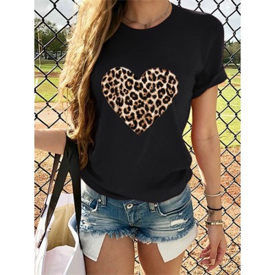 Leopard Print Love Print Round Neck Causal T  shirts For Women