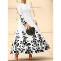 Flower Print Long Sleeve O neck Maxi Dress