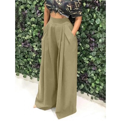 Women Pure Color High Elastic Waist Simple Wide Leg Pants With Pocket