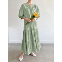 Solid Button Half Sleeve V neck Loose Casual Maxi Dress