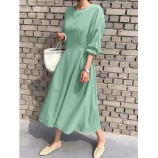 Solid Back Tie Crew Neck Lantern Long Sleeve Casual Dress