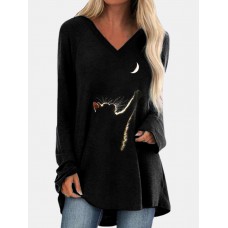 Cat Print Long Sleeves V neck High Low Hem Casual T shirt For Women