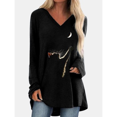 Cat Print Long Sleeves V neck High Low Hem Casual T shirt For Women