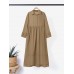 Women Shirt Long Sleeve Collared Calf Length Front Buttons Midi Dresses