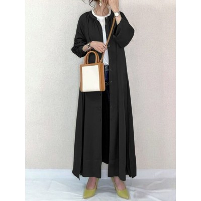 Women Loose Shirt Buttons Solid O  Neck Calf Length Midi Dresses