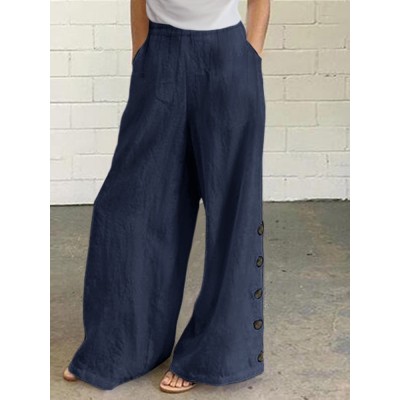 Women Cotton Solid Color Button Side Pocket Elastic Waist Wide Leg Pants