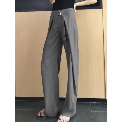 Women Solid Business Zipper Fly High Waist Wide Leg Pants With Buckle