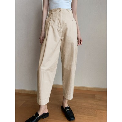 Women Solid Color Pleated Cotton Casual Cropped Pants With Pocket