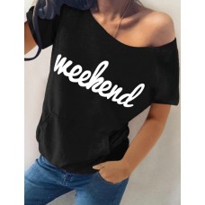 Letter Print Round Neck Short Sleeves Pocket Brief Women Tee For Women