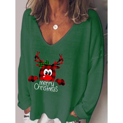 Women Christmas Letter Cartoon Print V  Neck Loose Long Sleeve T  Shirts