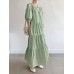 Solid Button Half Sleeve V neck Loose Casual Maxi Dress