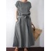 Solid Color Short Sleeve O neck Knotted Cotton Dress