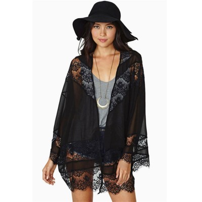 Women Hollow Lace Splicing Chiffon Kimono Cardigan Shawl