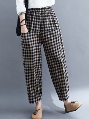 Women Vintage Plaid Wide legged Elastic High Waist Side Pocket Ankle Length Harem Pants