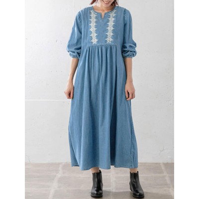 Ethnic Embroidery Long Sleeve Loose Casual Dress