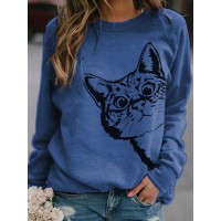 Women Cute Cartoon Cat Print Round Neck Loose Casual Long Sleeve T Shirts