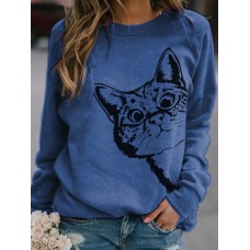 Women Cute Cartoon Cat Print Round Neck Loose Casual Long Sleeve T Shirts