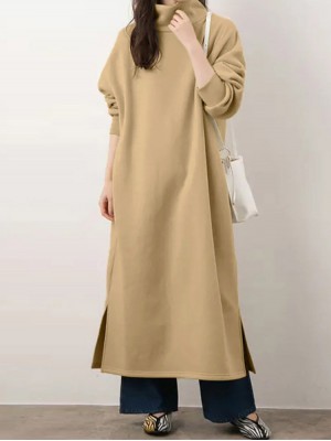 Women Sweatshirt Turtleneck Thick Side Pockets Side Fork Casual Midi Dresses