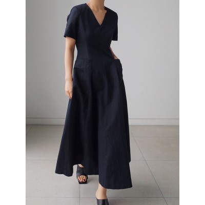 Solid Pocket Short Sleeve V  neck Swing Maxi Dress