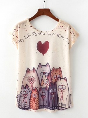 Casual Cartoon Cat Print Women Summer Short Sleeve T  shirts