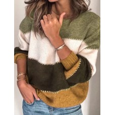 Women Casual Striped Color Block O Neck Long Sleeve Sweaters