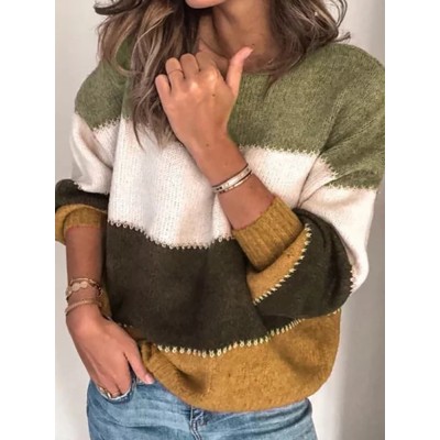 Women Casual Striped Color Block O Neck Long Sleeve Sweaters