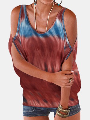 Women Casual Cold Shoulder Crew Neck Tie  dye Print Loose Shirts