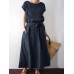 Solid Color Short Sleeve O neck Knotted Cotton Dress