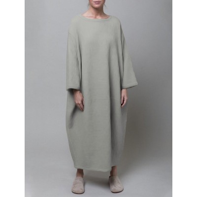 Women Thick Warm Loose Sweatshirt O  Neck Calf Length Midi Dresses