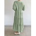 Solid Button Half Sleeve V neck Loose Casual Maxi Dress