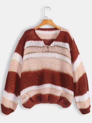 Women Casual Striped V  neck Sweaters