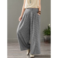 Women Plaid Print Elastic Waist Vintage Casual Loose Wide Leg Pants With Pockets