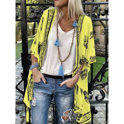 Women Bohemian Print Half Sleeve Loose Kimono Cardigans