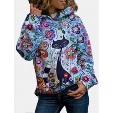 Cartoon Cat Print Long Sleeve Loose Casual Hoodie For Women