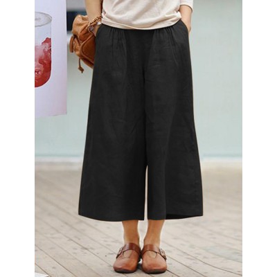 100  Cotton Solid Casual Loose Ninth Pleated Pants for Women