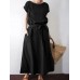 Solid Color Short Sleeve O neck Knotted Cotton Dress