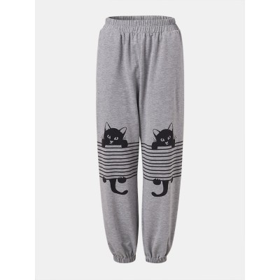 Women Stripe Cartoon Cat Print Elastic Waist Jogger Pants