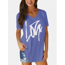 Letter Print V  neck Short Sleeve Irregular Hem Causal T  shirts